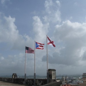 Flags flying over the fort