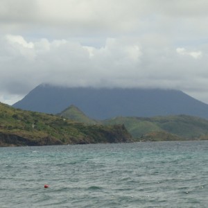 Cloud covered island of Nevis in the distance