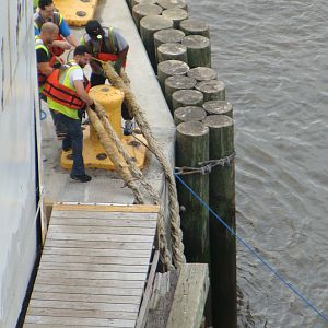 Dock workers secure the lines