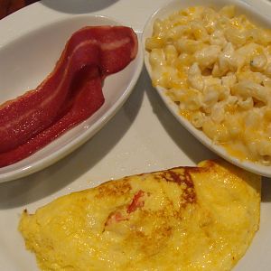 Cheese omelet, mac & Cheese, and turkey bacon