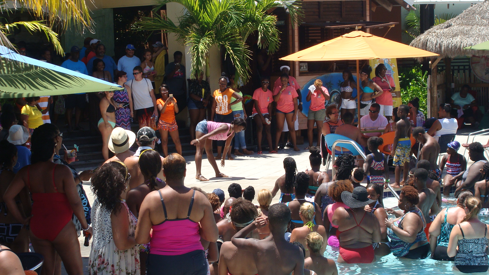 Crowded pool bar area