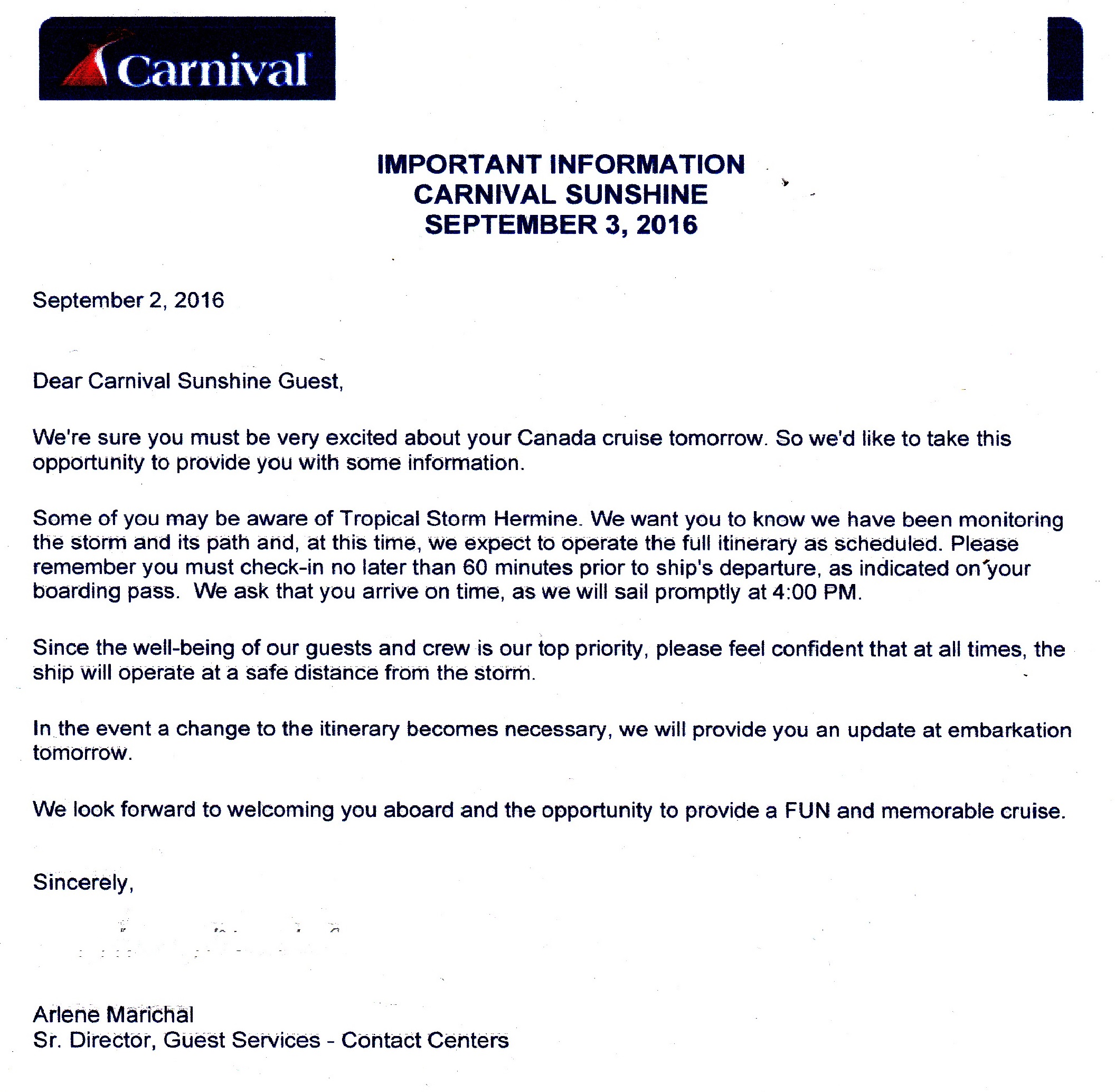 Email from Carnival