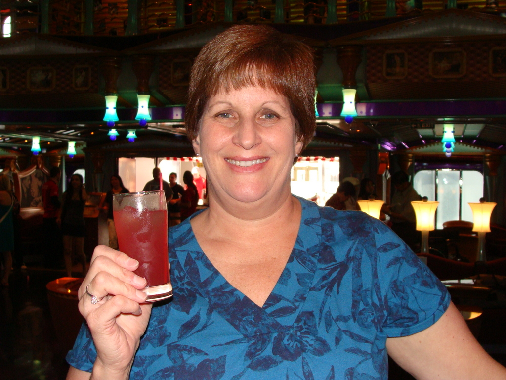 Patti's first drink of the cruise