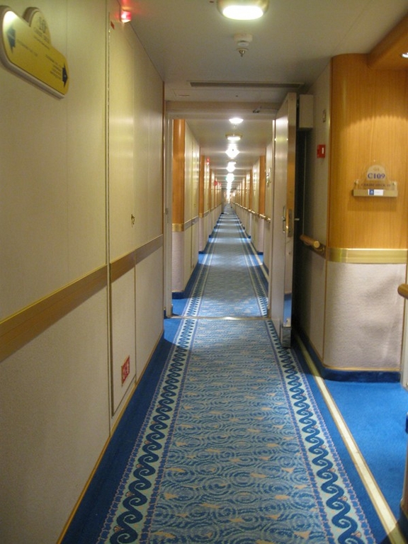 The view down the hall from my cabin door.