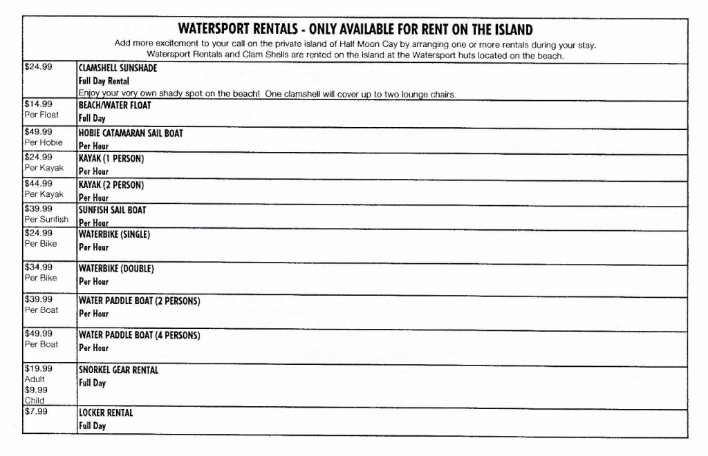 Watersports price list